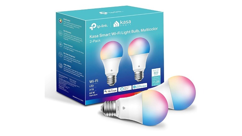 Two Kasa smart light bulbs with their packaging on a white background.