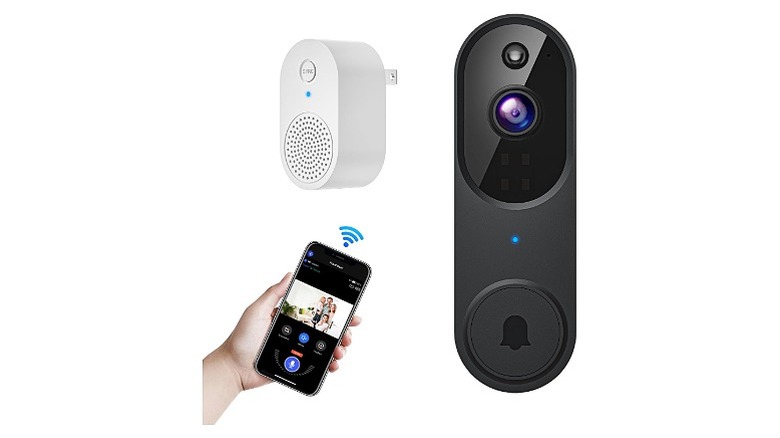 The Orbitell doorbell camera and an image of a hand holding a smartphone against a white background
