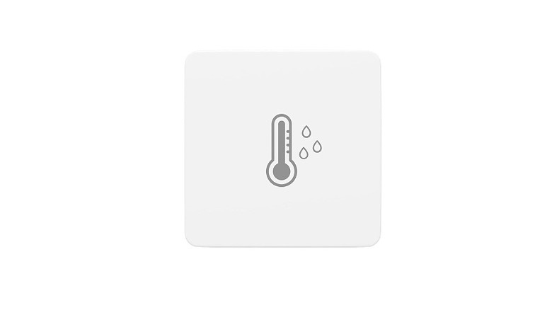 A square Zigbee temperature and sensor device, with a thermometer icon on its front, against a white background