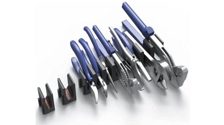 Plier organizer with blue pliers attached