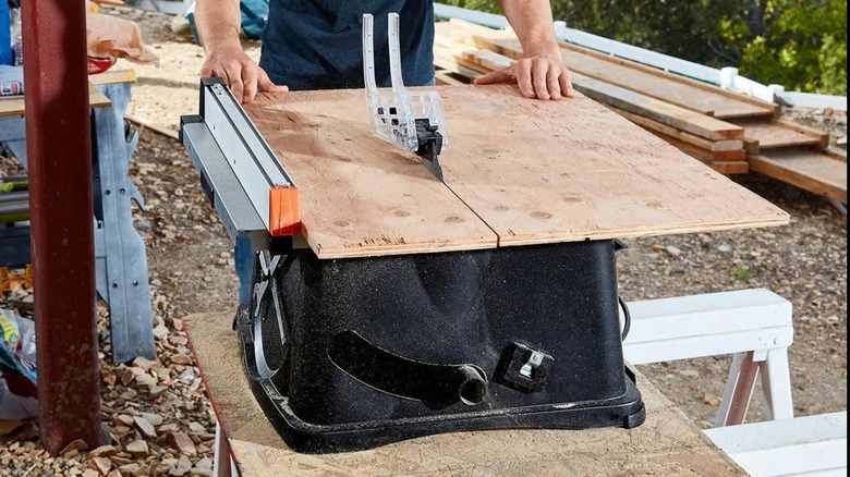Cutting boards on a jobsite with a Warrior table saw.