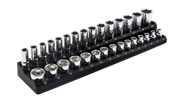 U.S. General Metric Magnetic Socket Holder filled with various sockets against a white background