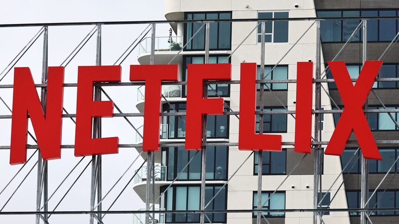 Netflix logo on building.