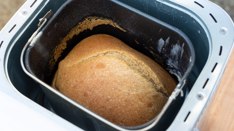 A loaf of bread in a bread machine