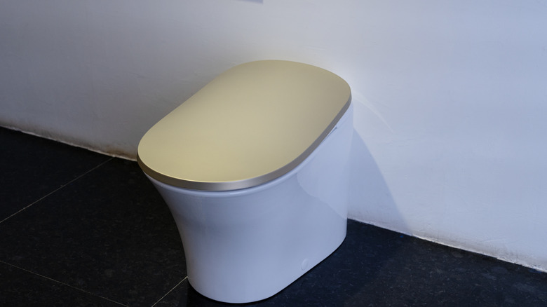 A toilet with the lid closed