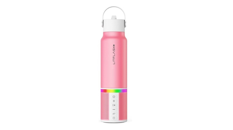 A metallic pink water bottle with strip of colored LED lights