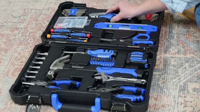 Kobalt 158-Piece Household Tool Set open on rug