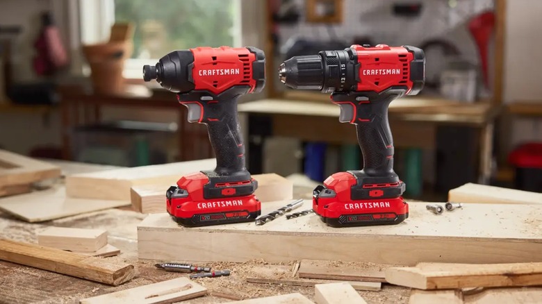 Craftsman V20 Two-Tool Combo Kit on wood in a shop.