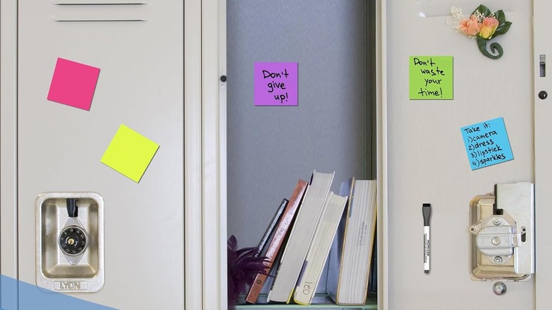 Multiple sticky notes attached to the inside and outside of lockers with notes on them