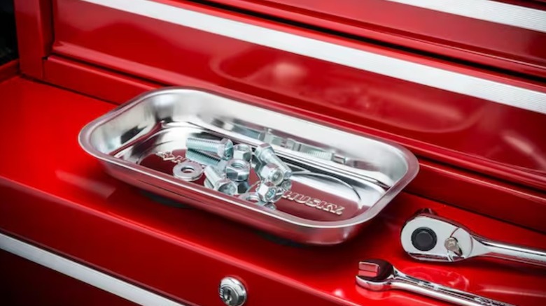 Assorted hardware in magnetic tray