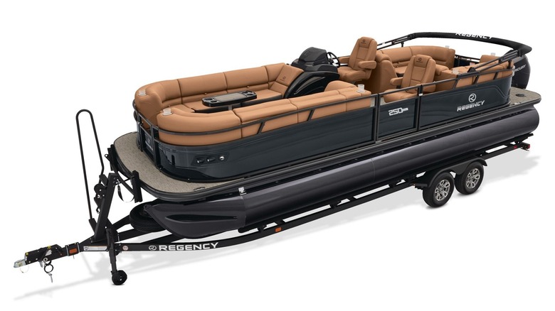 Black and brown Regency pontoon boat against a white background
