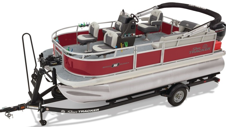 Red and grey Sun Tracker pontoon against a white background