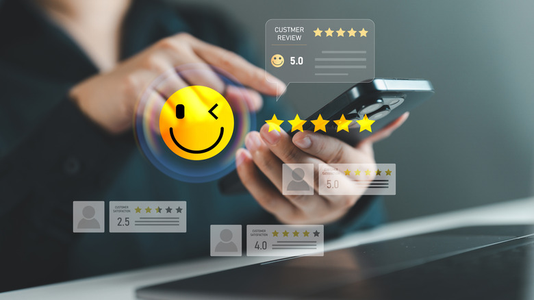 Holographic image of customer review and rating, along with a happy wink emoji.
