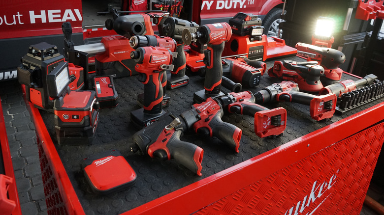 An assortment of Milwaukee tools