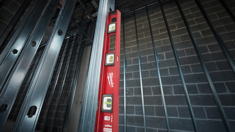 A shot of the Milwaukee Magnetic I-Beam Level in use.