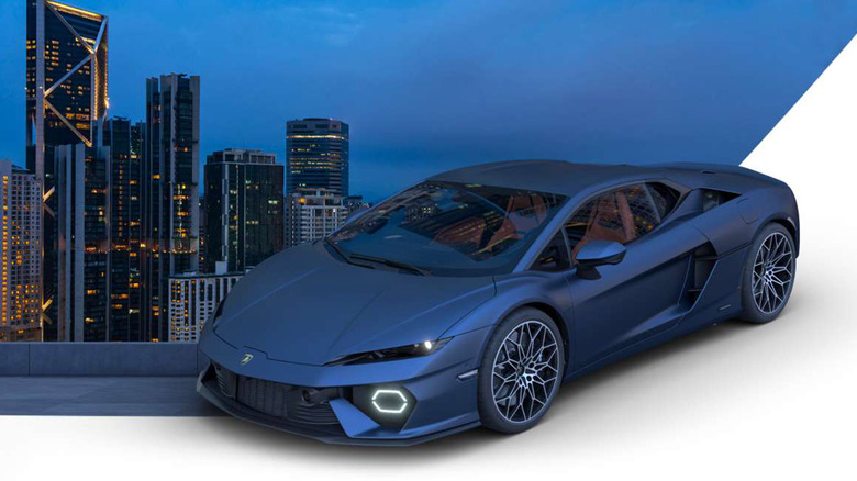 A blue Lamborghini Temerario graphic with a cityscape