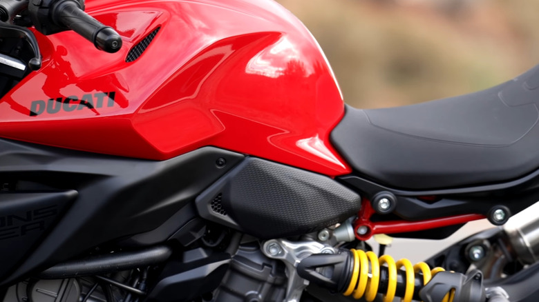Close up of 2025 Ducati Monster profile and inner workings including frame and engine