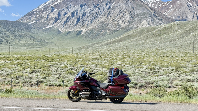 Honda Gold Wing parked near the Eastern Sierra moutains