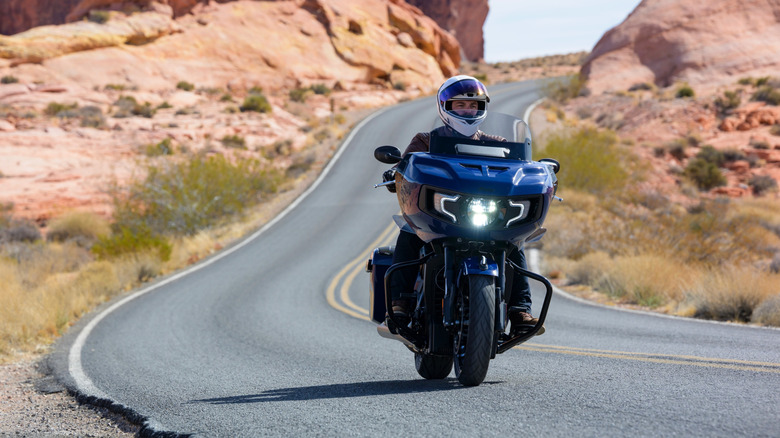 SlashGear writer Travis Langness on an Indian Challenger in Valley of Fire State Park