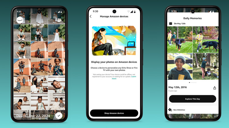 Three screenshots showing Amazon Photos