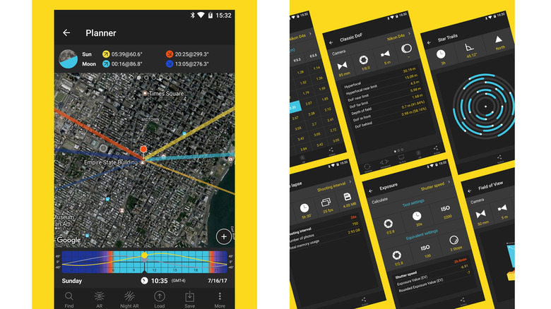 Two screenshots showing PhotoPills' functionality
