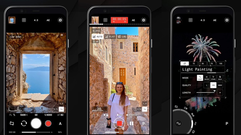 Three screenshots of the ProShot camera app