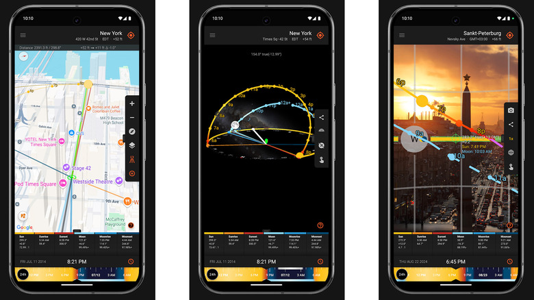 A trio of screenshots depicting SunSurveyor's functionality