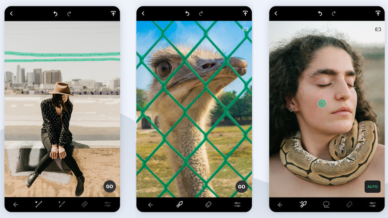 Three screenshots showing TouchRetouch's functionality
