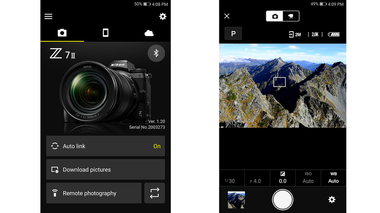 Two screenshots showing Nikon's SnapBridge app