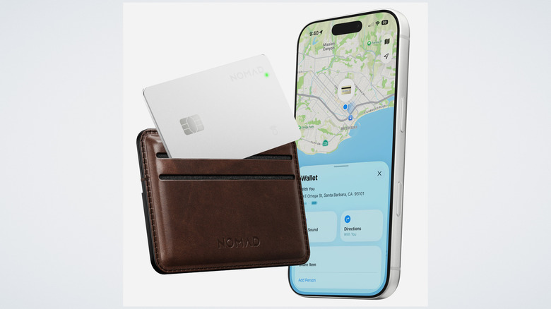 Nomad Tracking Card Pro with iPhone on a white background