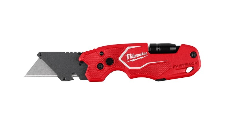 A folding utility knife against a white background.