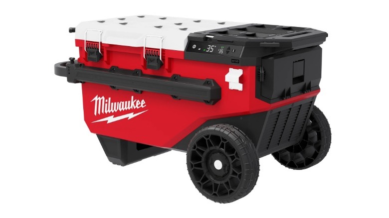 Milwaukee M18 30 quart rolling fridge against a white background