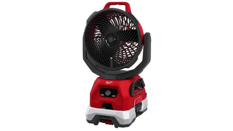 Milwaukee M18 brushless oscillating misting fan against a white background