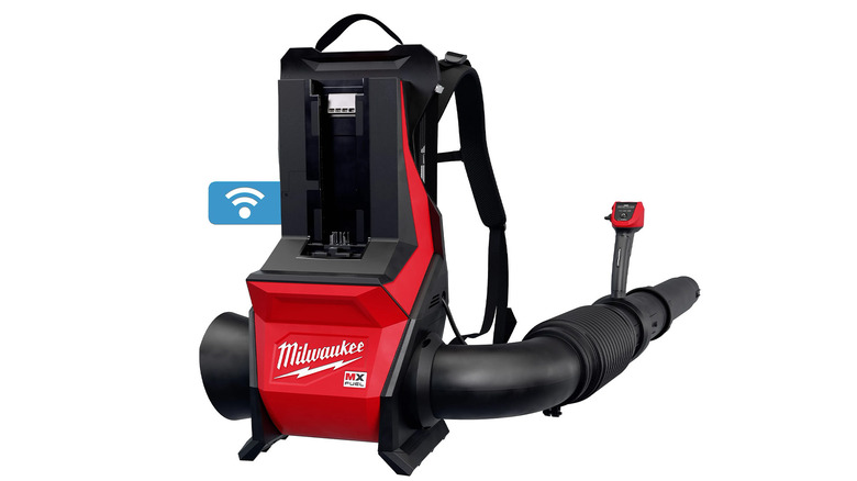 A Milwaukee MX Fuel brand backpack leaf blower