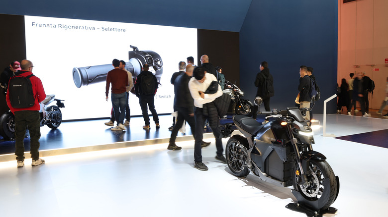 A silver Honda WN7electric motorbike on a pavilion inside the EICMA motor show in late 2025.