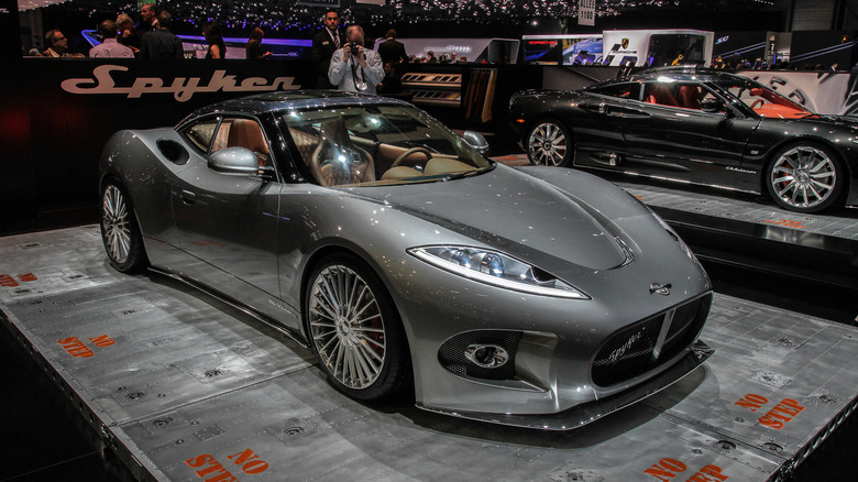 A silver 2013 Spyker B6 Venator concept car on display