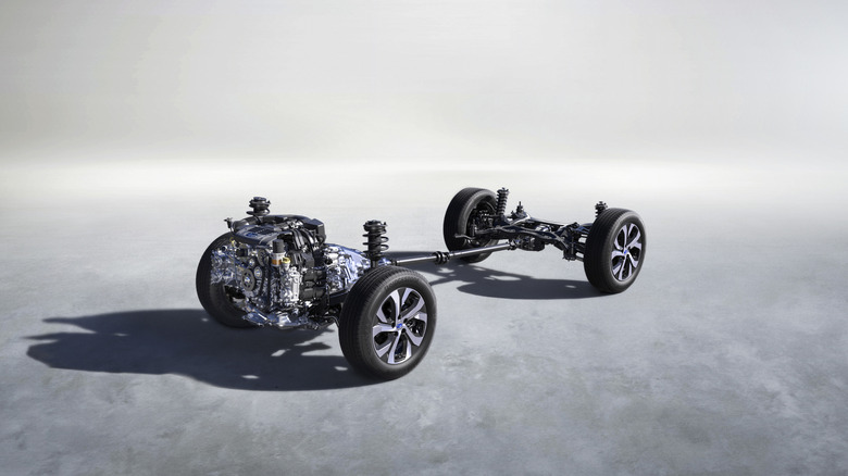 A stripped down view of the Subaru AWD drivetrain.