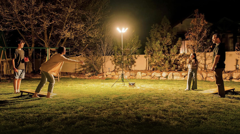 The Goal Zero Skylight lighting up a yard.