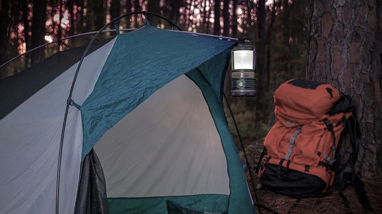 The Streamlight Siege hanging from a tent pole.