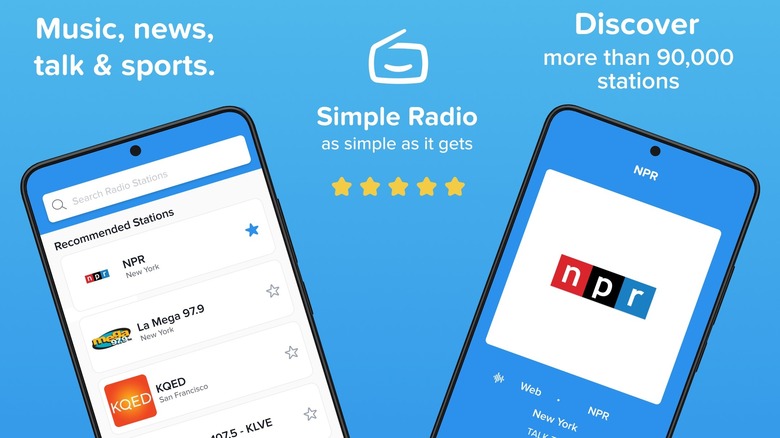 Simple Radio app promo showing two smartphones with radio stations like NPR, highlighting music, news, talk, and sports