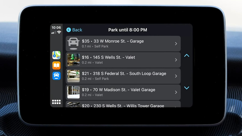 SpotHero app on CarPlay showing parking spots available at a location