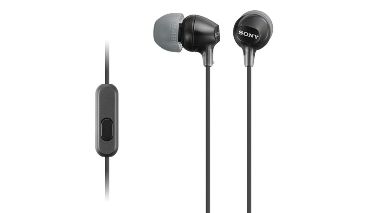 A pair of Sony MDR-EX15AP earbuds with control panel.