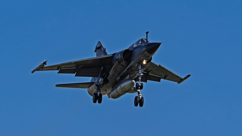 A Dassault Mirage F1 aircraft landing at Luke Air Force base in Arizona