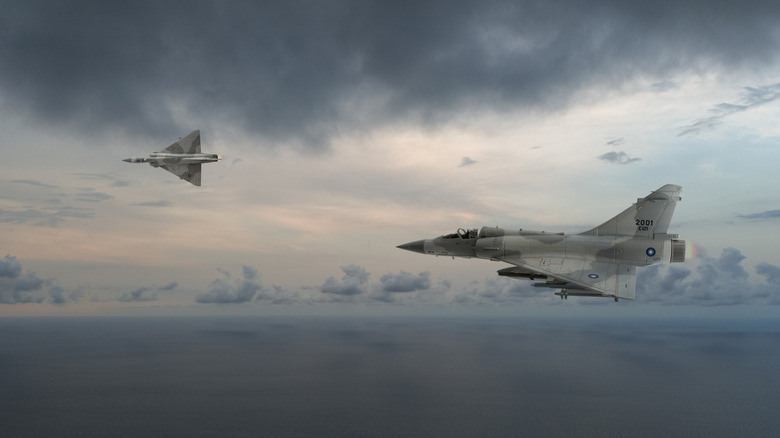 A pair of Mirage 2000 Jet fighter seen here flying above the ocean
