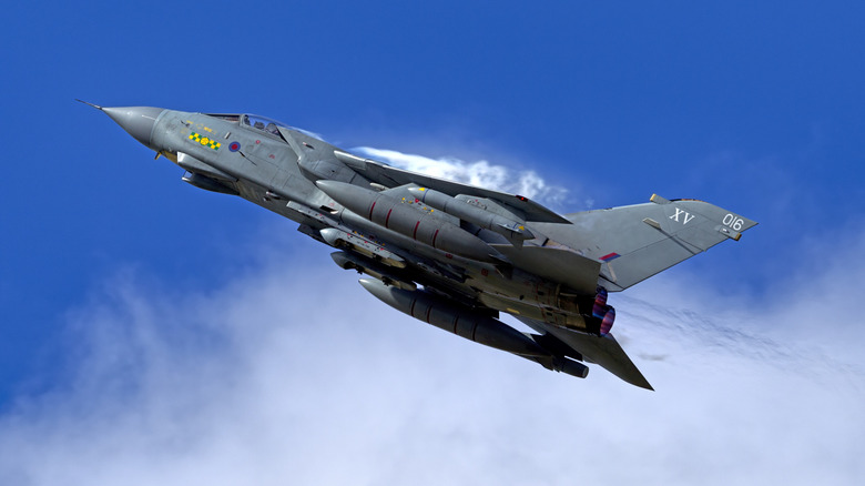 A fifty year old Panavia Tornado GR1 fighter bomber aircraft in flight