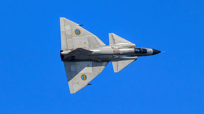 A Saab 37 Viggen Thunderbolt aircraft performing at a Belgian air force display