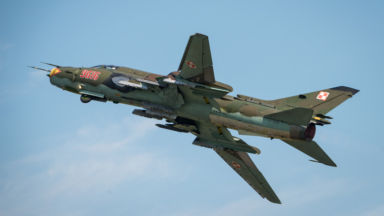 A Polish air force Su-22 taking off from an airbase