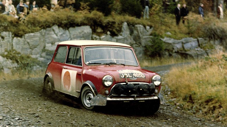 BMC Mini Cooper S Mk1 rallying on stage