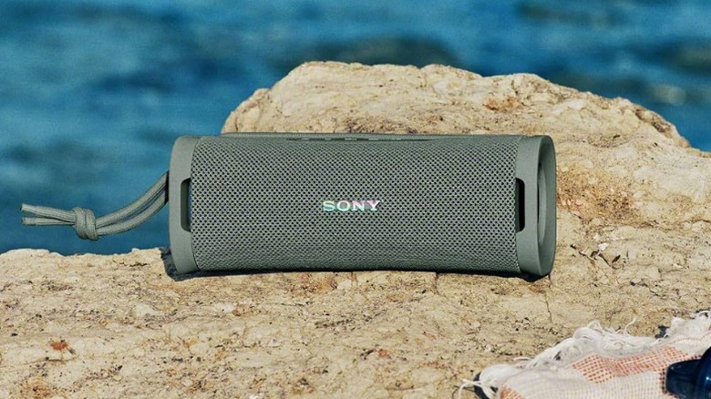 Sony speaker placed on a rock at a seaside,