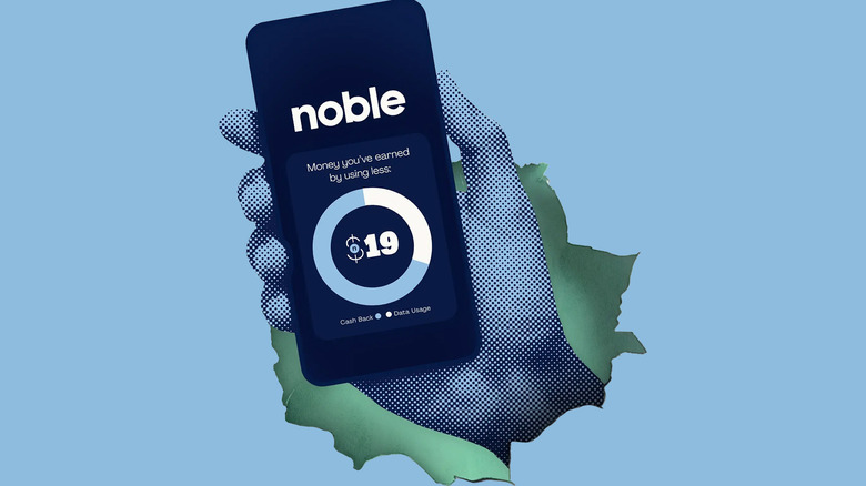 A digital hand holding a smartphone with Noble Mobile graphics